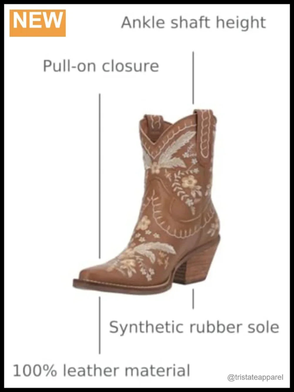 Leather Snip Toe Cowboy Booties Embroidered Floral Pull On Block Heel